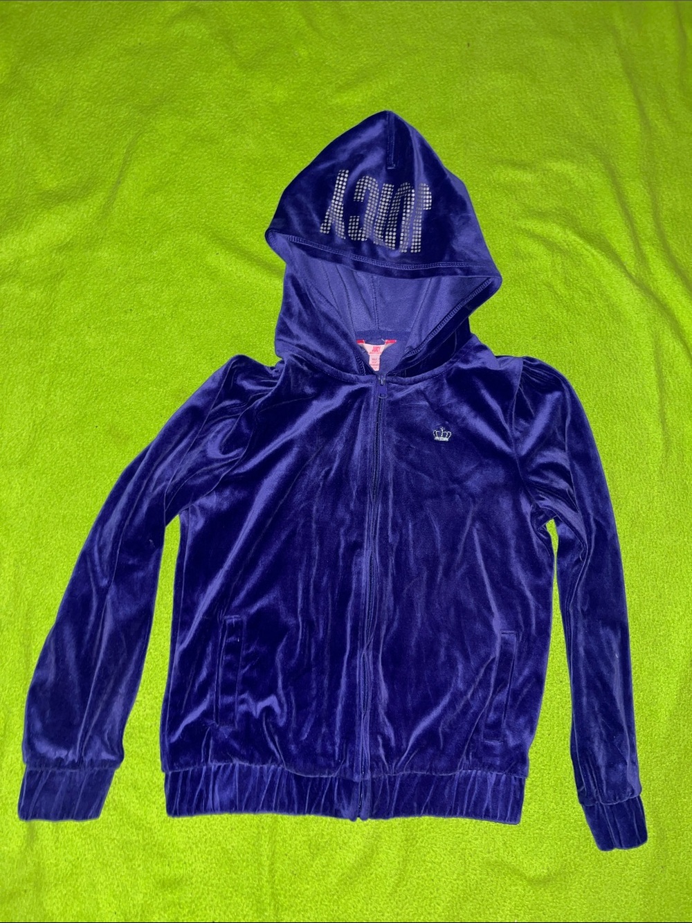 Juicy Couture Deep Purple Velour Zip Hoodie with Rhinestone Hood